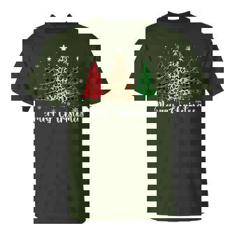 Merry Christmas Tree Leopard Buffalo Plaid Family Xmas Pj T-Shirt - Monsterry