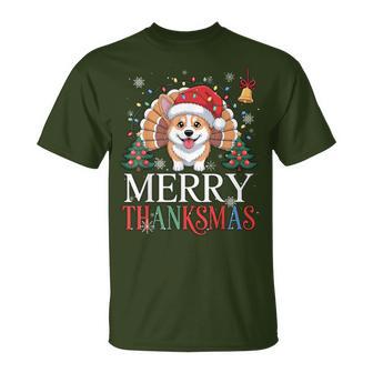 Merry Thanksmas Santa Corgi Dog Happy Thanksgiving Xmas T-Shirt - Thegiftio UK