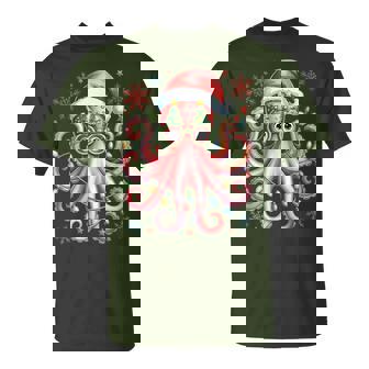 Octopus Glasses Santa Hat Christmas Light Ocean Animal Xmas T-Shirt - Monsterry