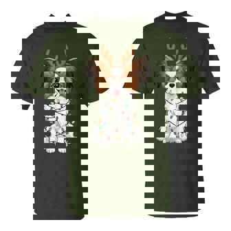 Papillon Dog Christmas Reindeer Lights Dog Lover Xmas T-Shirt | Mazezy