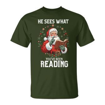 He Sees What You've Been Reading Santa Book Lover T-Shirt - Thegiftio UK