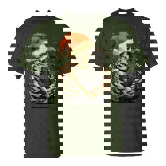 Skeleton Hugging Crow Santa Hat Snow Snowy Gothic Christmas T-Shirt - Monsterry