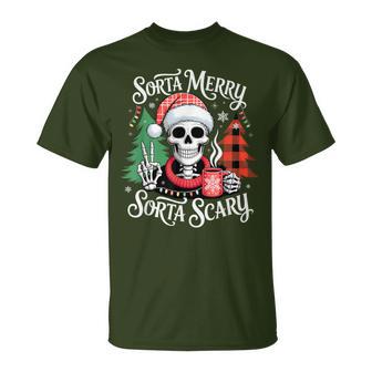 Sorta Merry Sorta Scary Retro Skeleton Hot Cocoa Christmas T-Shirt - Thegiftio UK