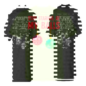 Stop Staring At My Balls Red Plaid Ugly Sweater Couple T-Shirt - Monsterry