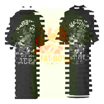 Wait Your Turn Fat Boy Thanksgiving Santa And Turkey T-Shirt - Monsterry