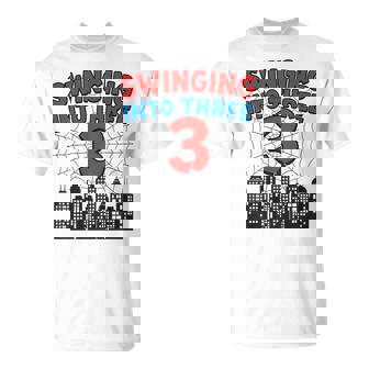 3Yr Old Boy Spider Theme 3Rd Birthday Swinging Into 3 T-Shirt - Seseable