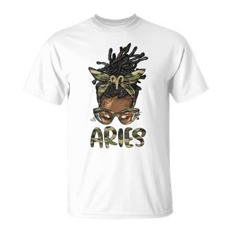 Aries Girl Woman Loc'd Messy Bun Camo Black Women T-Shirt | Mazezy