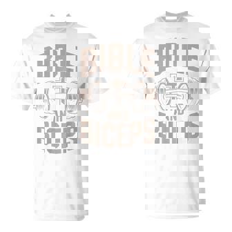 Bible & Biceps Gym Christian Workout Dumbbell Cross Barbell T-Shirt | Mazezy