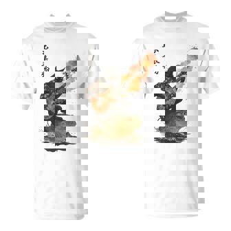 Black Cat Riding On Toad Playing Guitar Print T-Shirt | Seseable FR