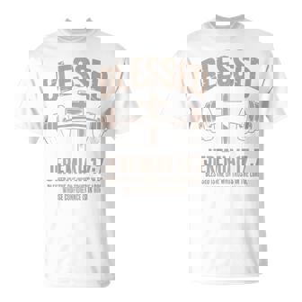 Blessed Gym Jesus Christian Workout Dumbbell Cross Barbell T-Shirt | Mazezy