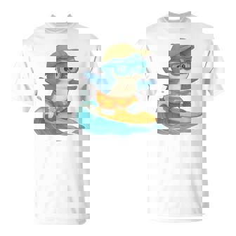 Blue Penguin Surfer Riding a Wave Cute Summer T-Shirt | Mazezy