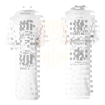 Christian Workout Iron Sharpen Iron Dumbbell Cross Barbell T-Shirt - Monsterry