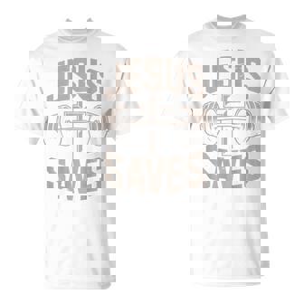 Christian Workout Jesus Saves Gym God Lifting Cross Dumbbell T-Shirt - Monsterry