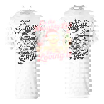 Christmas Skeleton Drinks Wine On The Naughty List Humor T-Shirt - Monsterry