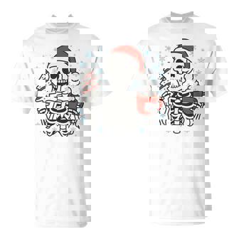 Christmas Skeleton Santa Skeleton With Hot Cocoa & Tree Cake T-Shirt - Monsterry