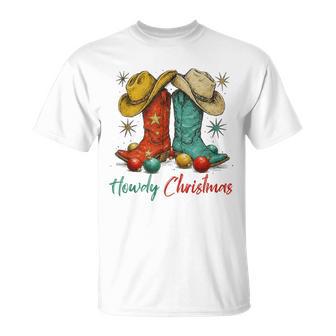 Country Western Christmas Howdy Cowboy Boots Holiday T-Shirt | Mazezy