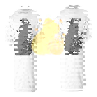 Cute Capybara Cottagecore Foraging Mushroom Basket And Bees T-Shirt | Mazezy