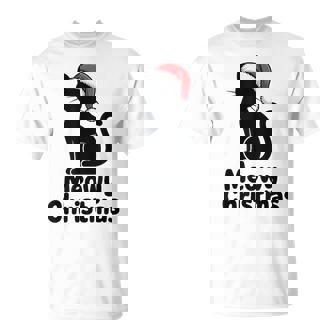 Cute Cat Santa Hat Pun Meowy Christmas T-Shirt | Mazezy