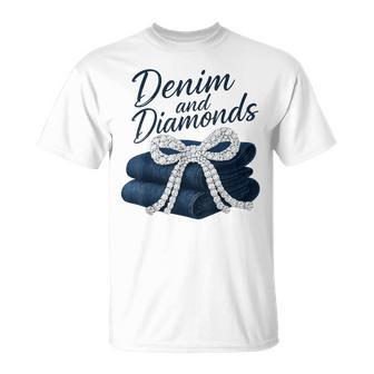 Denim And Diamonds Bow Glam Cowgirl Western For Ladies T-Shirt - Seseable