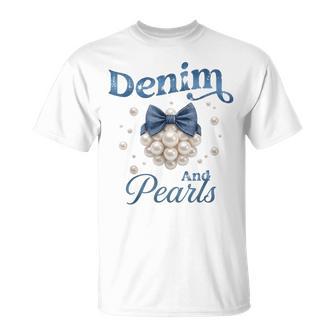 Denim And Pearls Bow Jean Western Cowgirl Ladies Girls Women T-Shirt - Thegiftio UK