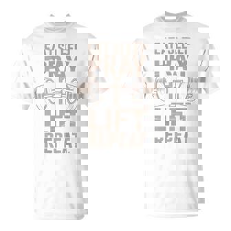 Eat Sleep Lift Repeat Jesus Christian Workout Dumbbell Cross T-Shirt | Mazezy