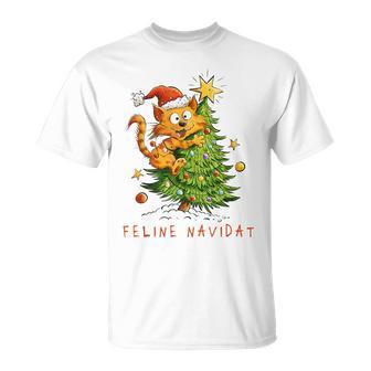Feline Navidad Christmas Cat Tree Art T-Shirt | Mazezy