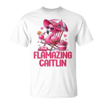 Flamazing Caitlin Pink Flamingo Tropical Beach Scene Women's T-Shirt - Monsterry