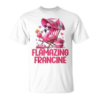Flamazing Francine Pink Flamingo Tropical Beach Scene Women T-Shirt - Monsterry
