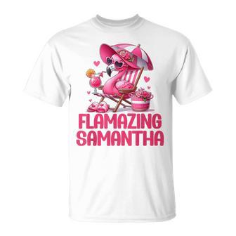 Flamazing Samantha Pink Flamingo Tropical Beach Scene Women T-Shirt - Monsterry