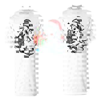 Cute Christmas Ghost With Santa Hat T-Shirt - Monsterry