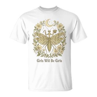 Girls Will Be Will Girls Praying Mantis Boho Celestial T-Shirt - Monsterry