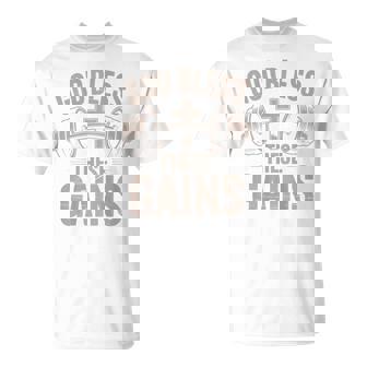 God Bless These Gains Jesus Christian Workout Barbell Cross T-Shirt | Mazezy