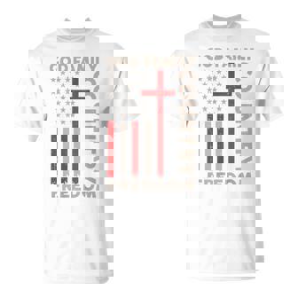 God Family Country Freedom On-Back Patriotic Christ USA Flag T-Shirt | Mazezy