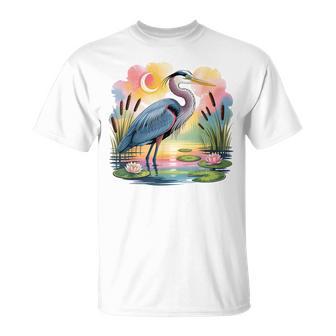 Great Blue Heron Wading At Dawn Beautiful Birding Bird Lover T-Shirt - Monsterry