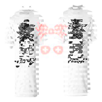 GrüEzi Girl Switzerland Flag Messy Bun Swiss Schweiz Woman T-Shirt | Mazezy