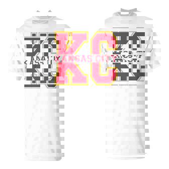 Kc Kansas City Red Yellow Varsity Style Split Monogram T-Shirt | Mazezy