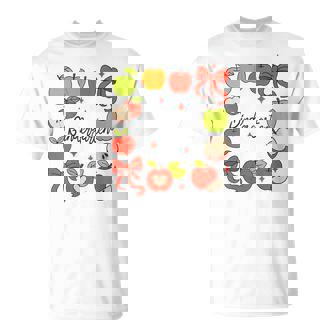 Kindergarten Teacher Apples Coquette Bow Back To School T-Shirt | Mazezy