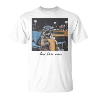I Live Ballfield Now Cute Raccoon Baseball Softball Mom T-Shirt - Monsterry