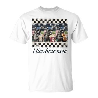 I Live Here Now Racoon Ballfield Only Baseball Mama T-Shirt | Seseable FR