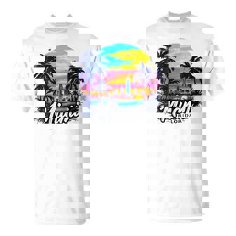 Miami Florida Skyline – Vibrant Sunset & Palm Tree T-Shirt | Mazezy
