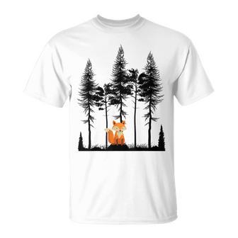 Mignon Randonnée Renard Dans La Forêt Graphique Rétrointage Arbres Forêts T-Shirt - Cadeauxyz