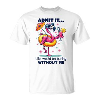 Pink Flamingo Drinking Cocktails Summer Vacation Beach T-Shirt - Monsterry
