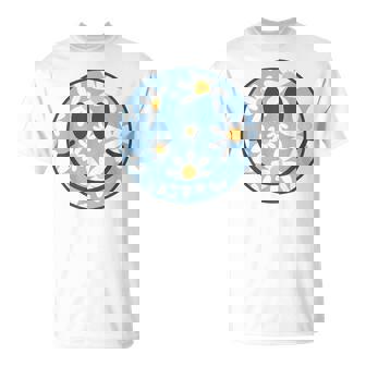 Retro Blue Happy Face Checkered Pattern Smile Face Trendy T-Shirt - Monsterry