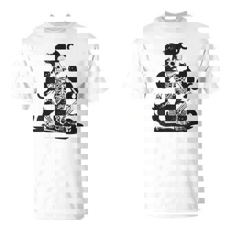 Spooky Skeleton With Black Cats Cute Skull Cat Kitty T-Shirt - Monsterry