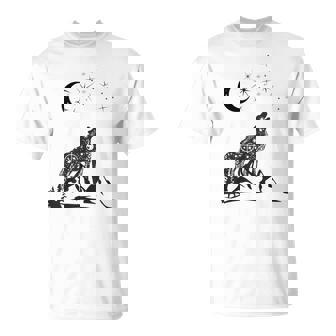 Stars Moon Astrology Wolf Mountain Landscape Graphic T-Shirt | Mazezy