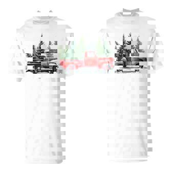 Vintage Wagon Merry Christmas Tree On Car Xmas Red Truck T-Shirt | Mazezy