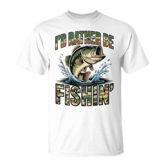 Youth Fishing Camo Bass Fish Boys Id Rather Be Fishing T-Shirt - Monsterry