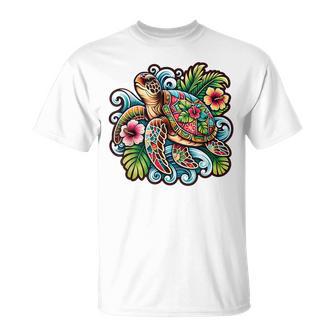 アロハ ウミガメ ハワイアン ホヌ フラワー ウェーブ オーシャン Tシャツ - Kawaiitshirt