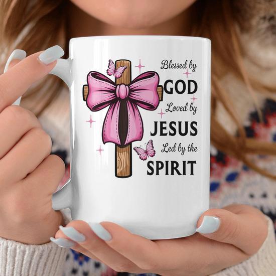 Blessed By God Loved By Jesus Pink Coquette Bow And Cross Coffee Mug -  Monsterry