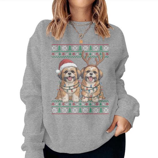Ugly Xmas Lights Shih Tzu Dog Christmas Sweater Women Sweatshirt - Seseable